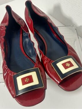 Tory Burch Womens Patent Leather Ballet Open Toe Flats Emblem Plate 10M